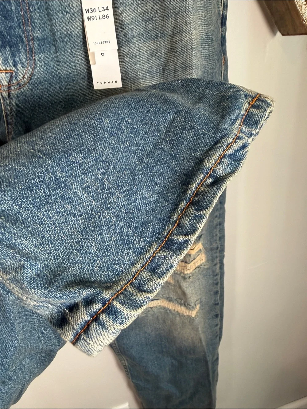 Topman Men's Distressed Relaxed Fit Jeans Blue Medium Wash 36x34 100% Cotton